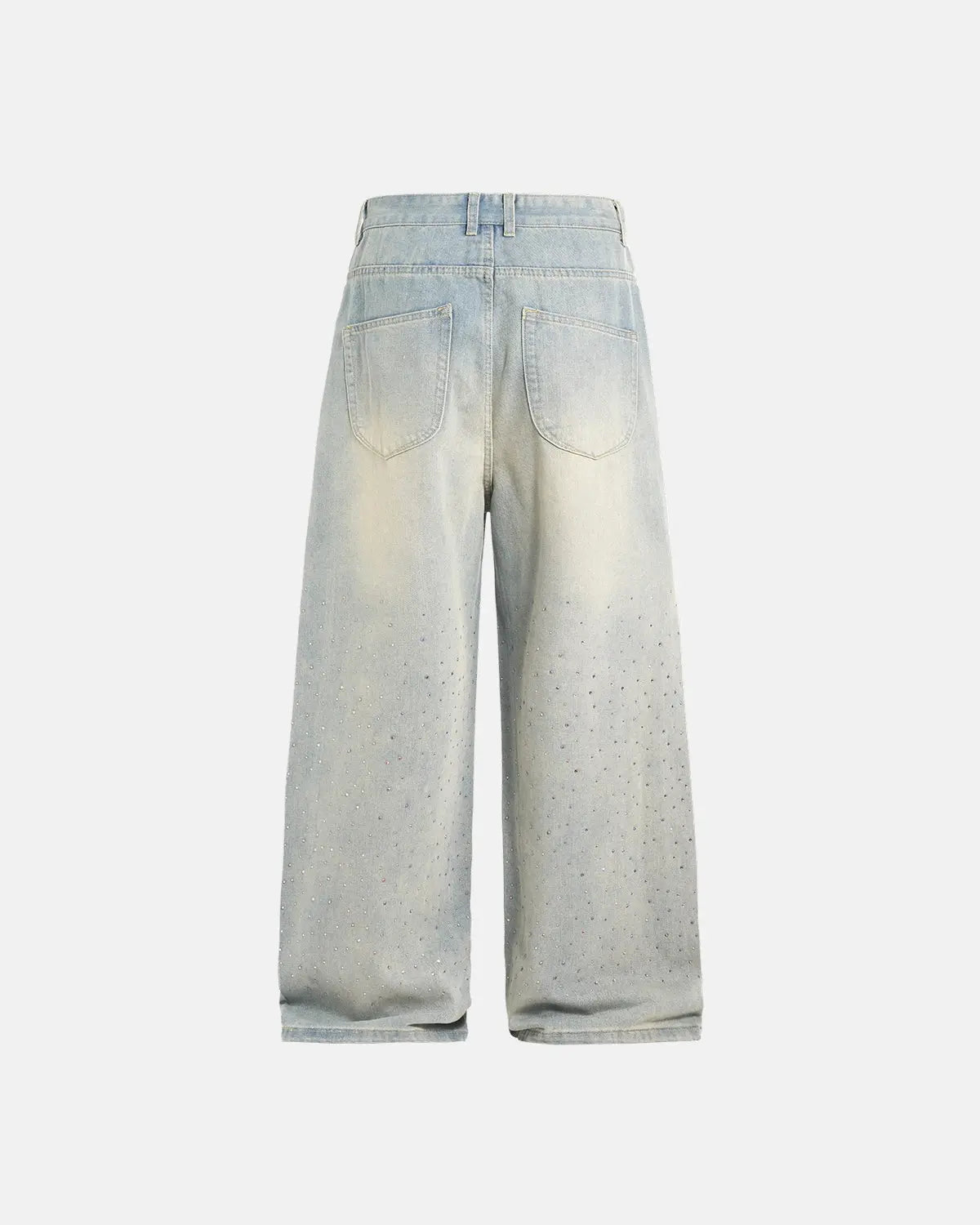 Washed rhinestone baggy jeans by Flation Streetwear, showing distressed denim with rhinestone embellishments and relaxed fit.