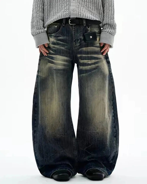 Bamboo weave barrel baggy jeans by Flation Streetwear with relaxed fit, visible stitching, and textured bamboo-style fabric.