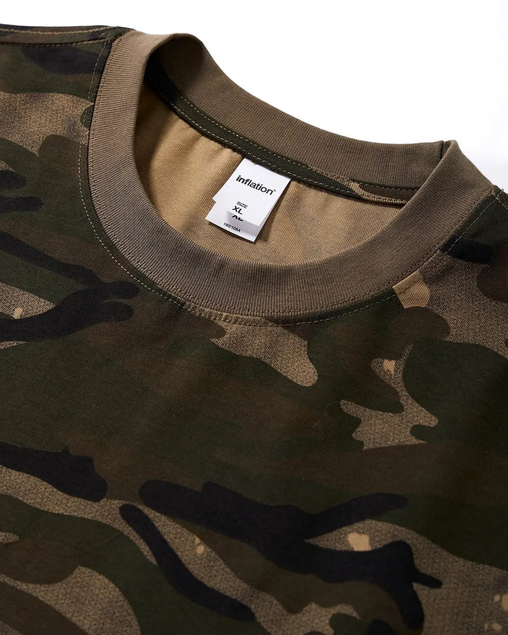 Boxy camo T-shirt in khaki by Flation Streetwear, featuring a relaxed fit and camouflage pattern on soft fabric.