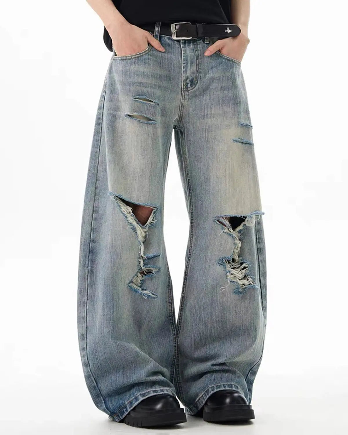 Bamboo weave distressed baggy jeans by INFLATION featuring a relaxed fit and textured bamboo-inspired fabric detail.