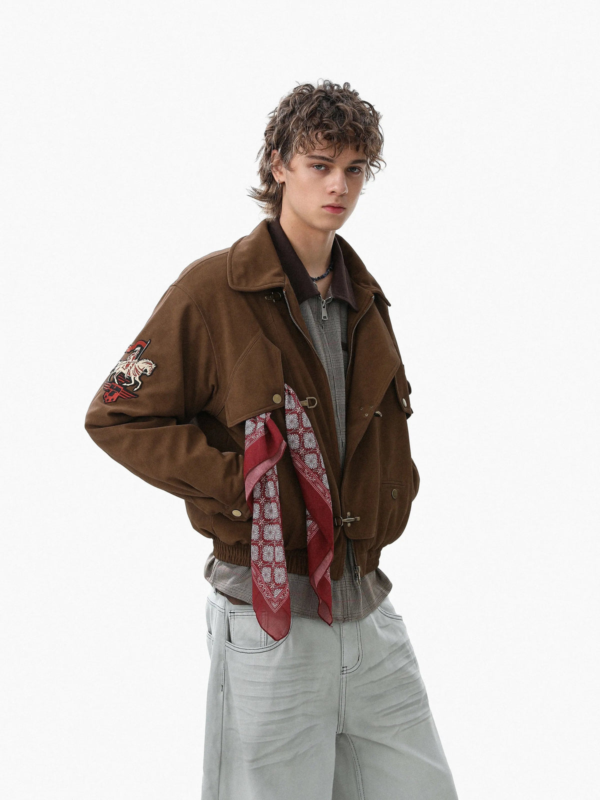 Inflation Horse Embroidery suede padded jacket with clasp closure, stylish streetwear design and textured fabric, front view.