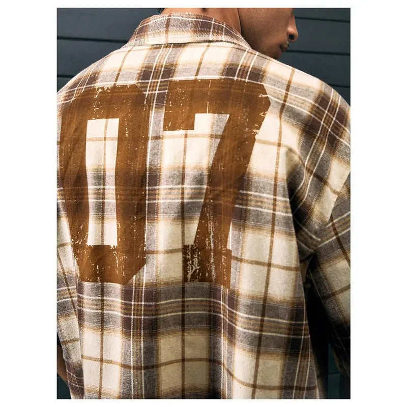 Men's Cropped Plaid Number Graphic Button Down Shirt
