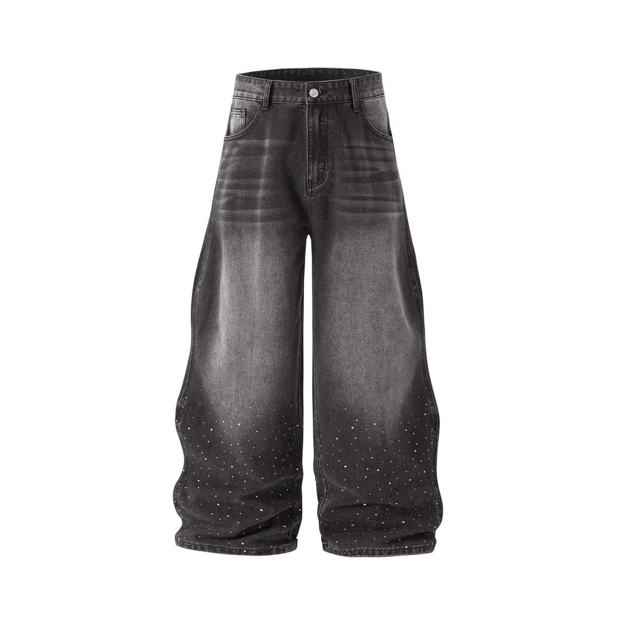 InflationUS washed baggy denim pants with relaxed fit and faded blue wash, displayed on a hanger.
