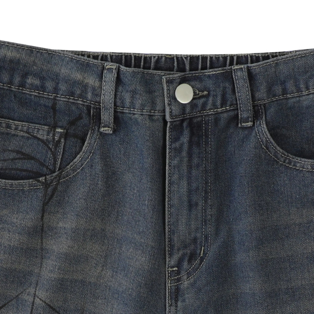 Flation Spider Straight Leg Jorts, casual denim pants with distressed details and a relaxed fit, styled for streetwear look.