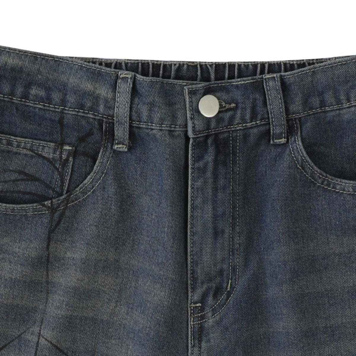 Flation Spider Straight Leg Jorts, casual denim pants with distressed details and a relaxed fit, styled for streetwear look.