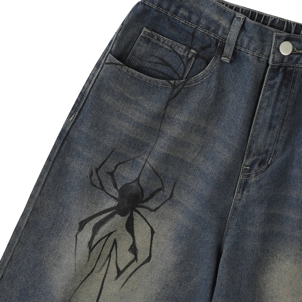 Black Spider Straight Leg Jorts by Flation Streetwear, featuring a relaxed fit, distressed denim style, and casual streetwear design.