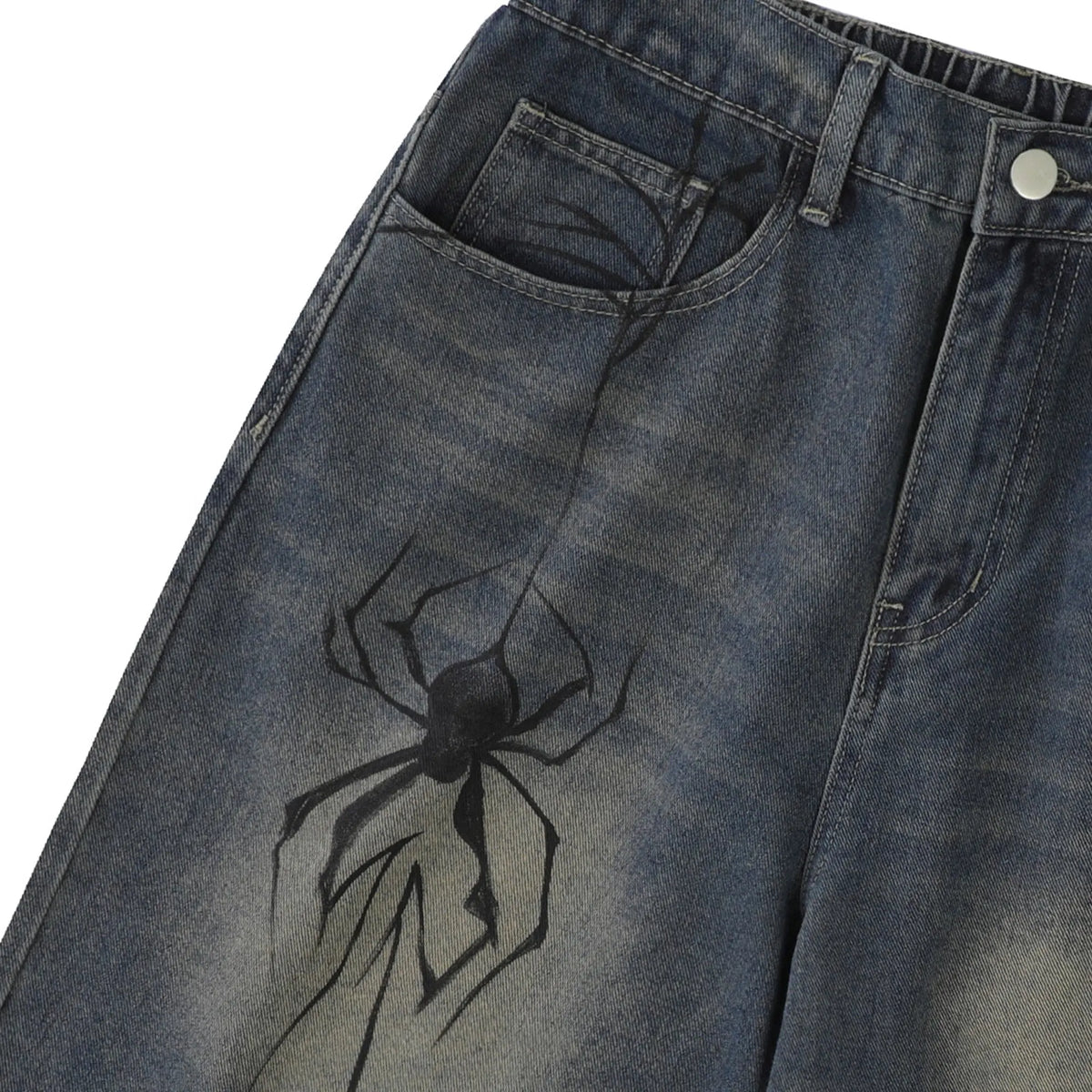 Black Spider Straight Leg Jorts by Flation Streetwear, featuring a relaxed fit, distressed denim style, and casual streetwear design.