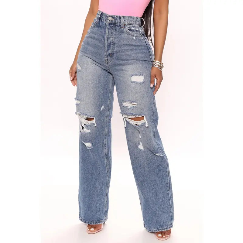 Women's 90's Baggy High Rise Distressed Denim Jeans