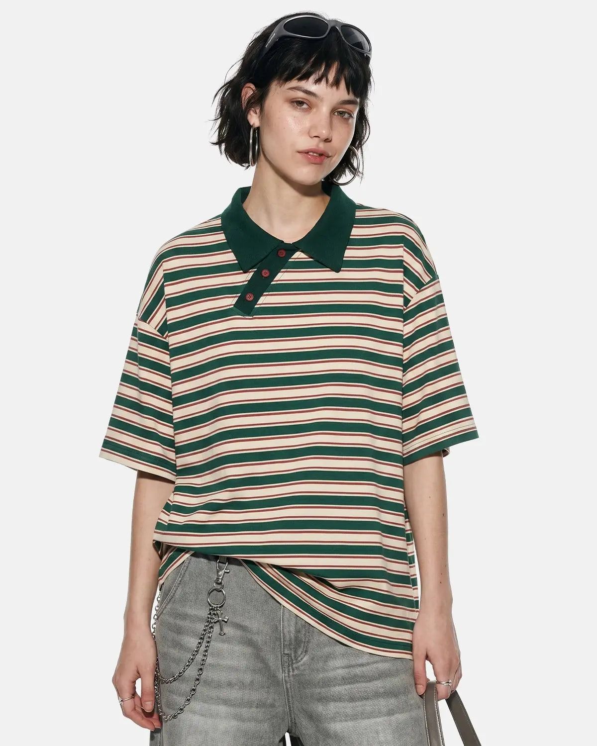 Inflation Streetwear asymmetric polo collar striped T-shirt, featuring bold horizontal stripes and a modern, stylish design.