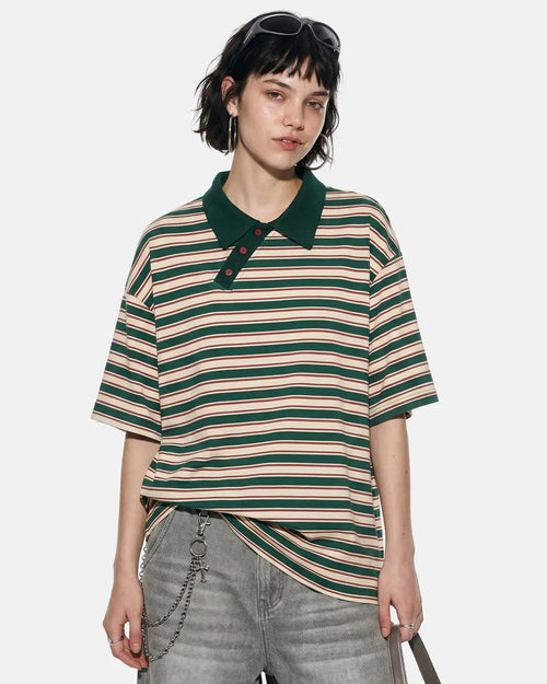 Inflation Streetwear asymmetric polo collar striped T-shirt, featuring bold horizontal stripes and a modern, stylish design.