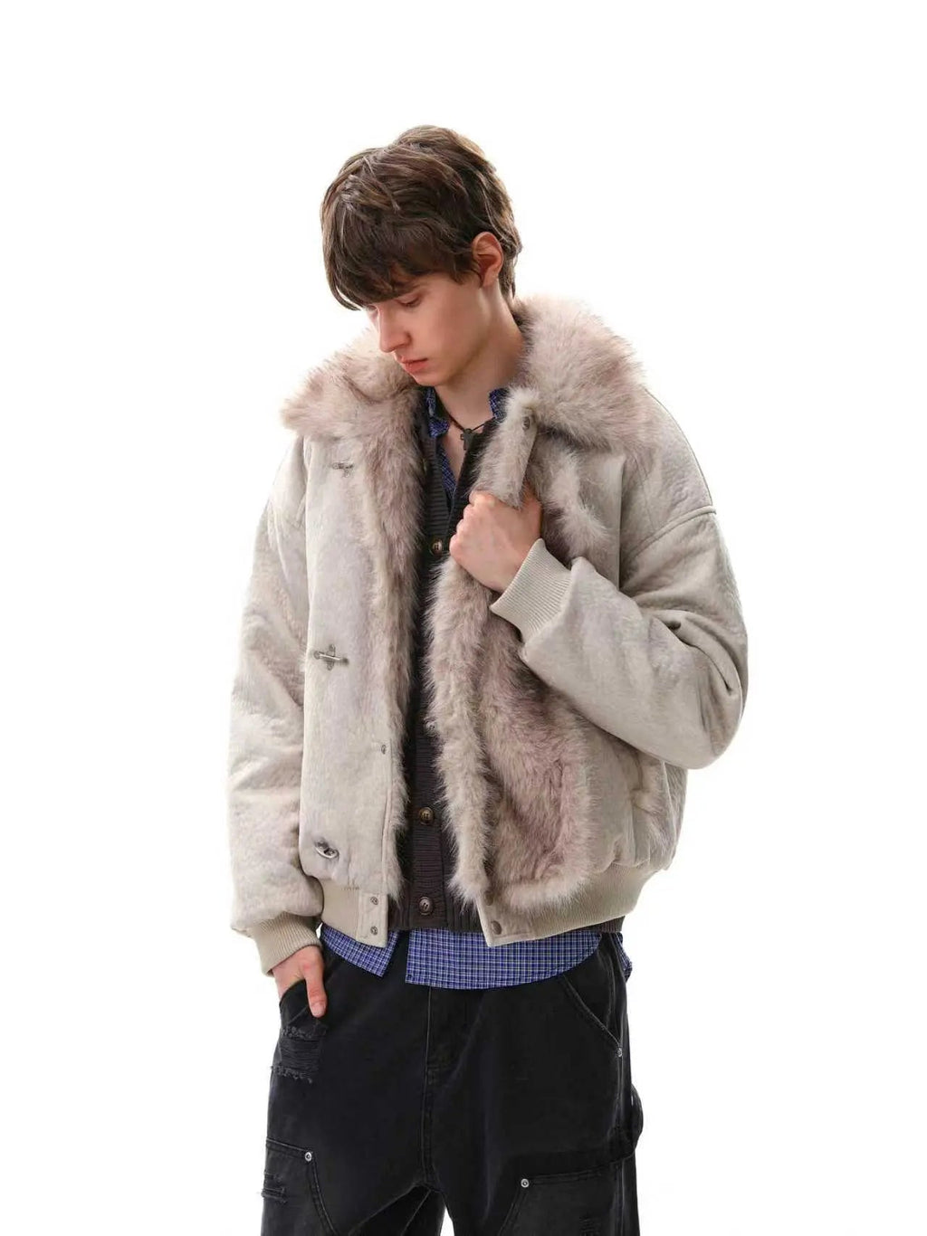 Inflation Streetwear slanted clasp fireman padded jacket with insulation, stylish design, and front pocket details.