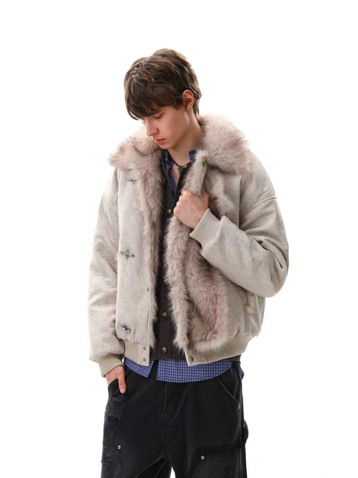 Inflation Streetwear slanted clasp fireman padded jacket with insulation, stylish design, and front pocket details.