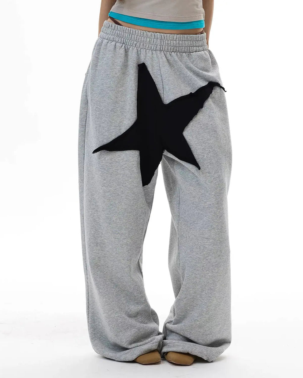Inflation Star Patch Baggy Wide-Leg Sweatpants featuring star patches and a relaxed fit, casual streetwear style.