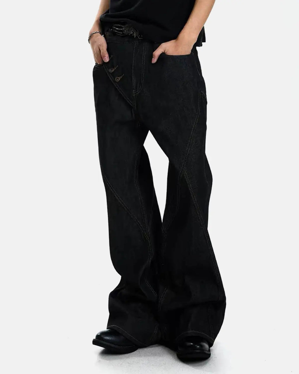 Inflation streetwear asymmetric button bootcut jeans, front view showing unique button details and classic denim style.