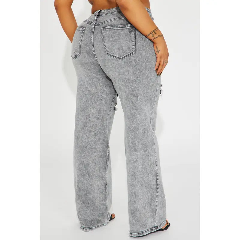 Women's Ripped Stretch Baggy Straight Leg Denim Jeans Grey