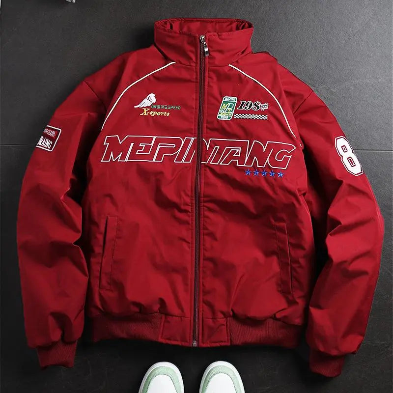 Men's Racing Style Bomber Jacket Graphic Print Fleece Stand Collar