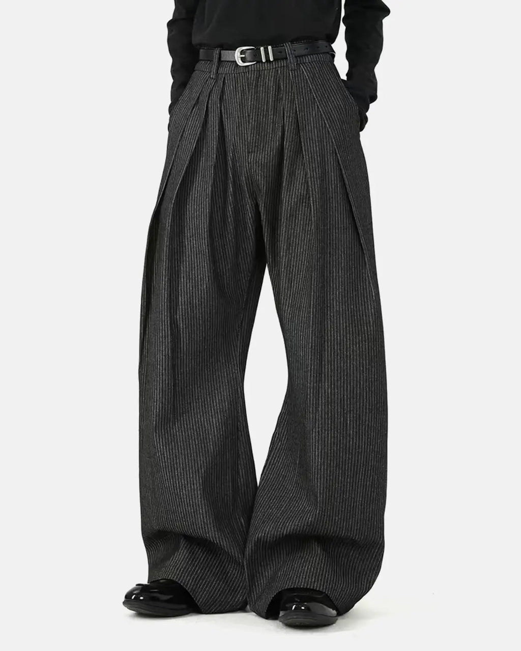 Vintage pinstripe pleated barrel jeans from Inflation Streetwear, showing the high-waisted, relaxed fit design and classic denim texture.