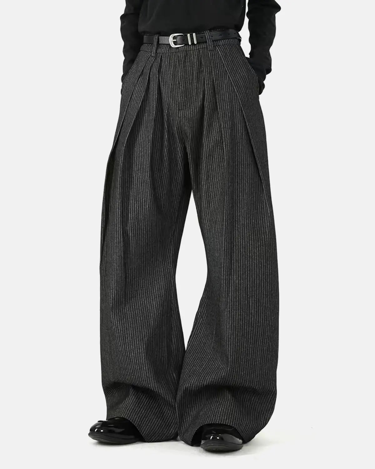 Vintage pinstripe pleated barrel jeans from Inflation Streetwear, showing the high-waisted, relaxed fit design and classic denim texture.