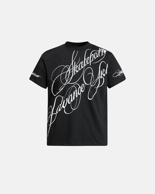 Inflation Streetwear All-Over Script Graphic T-Shirt featuring bold text print on soft cotton fabric.