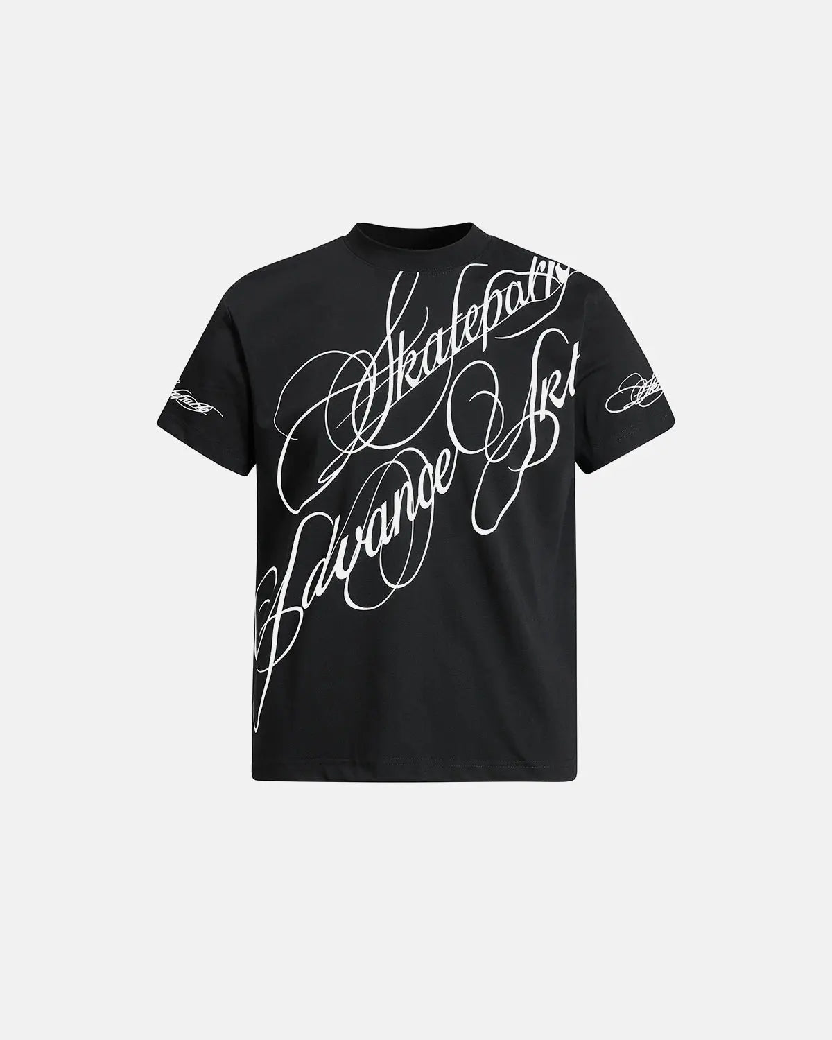 Inflation Streetwear all-over script graphic T-shirt featuring bold black lettering on a white cotton tee.
