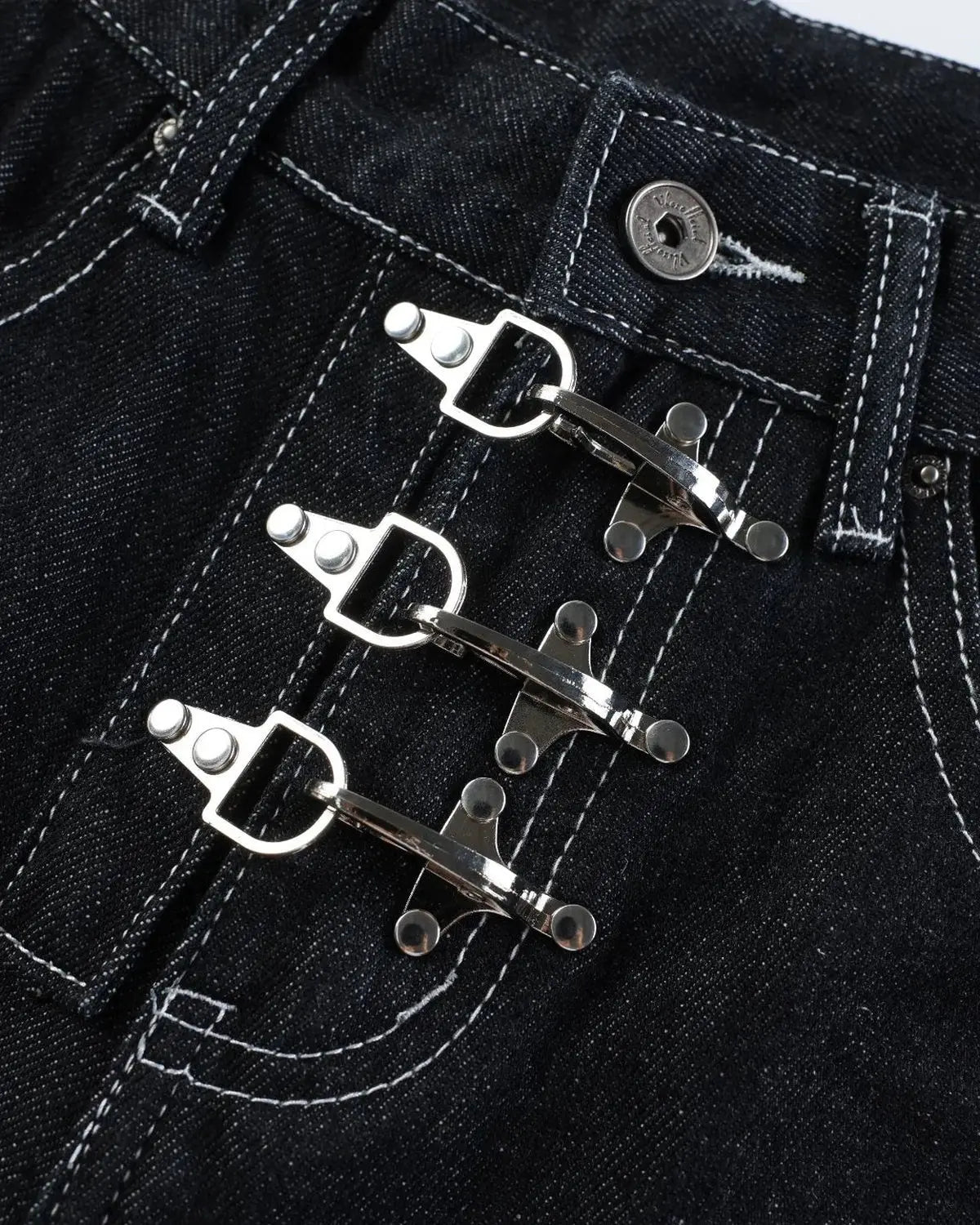 Inflation streetwear buckle detail raw denim jorts, casual men's pants with distressed finish and raw hem, stylish summer shorts.