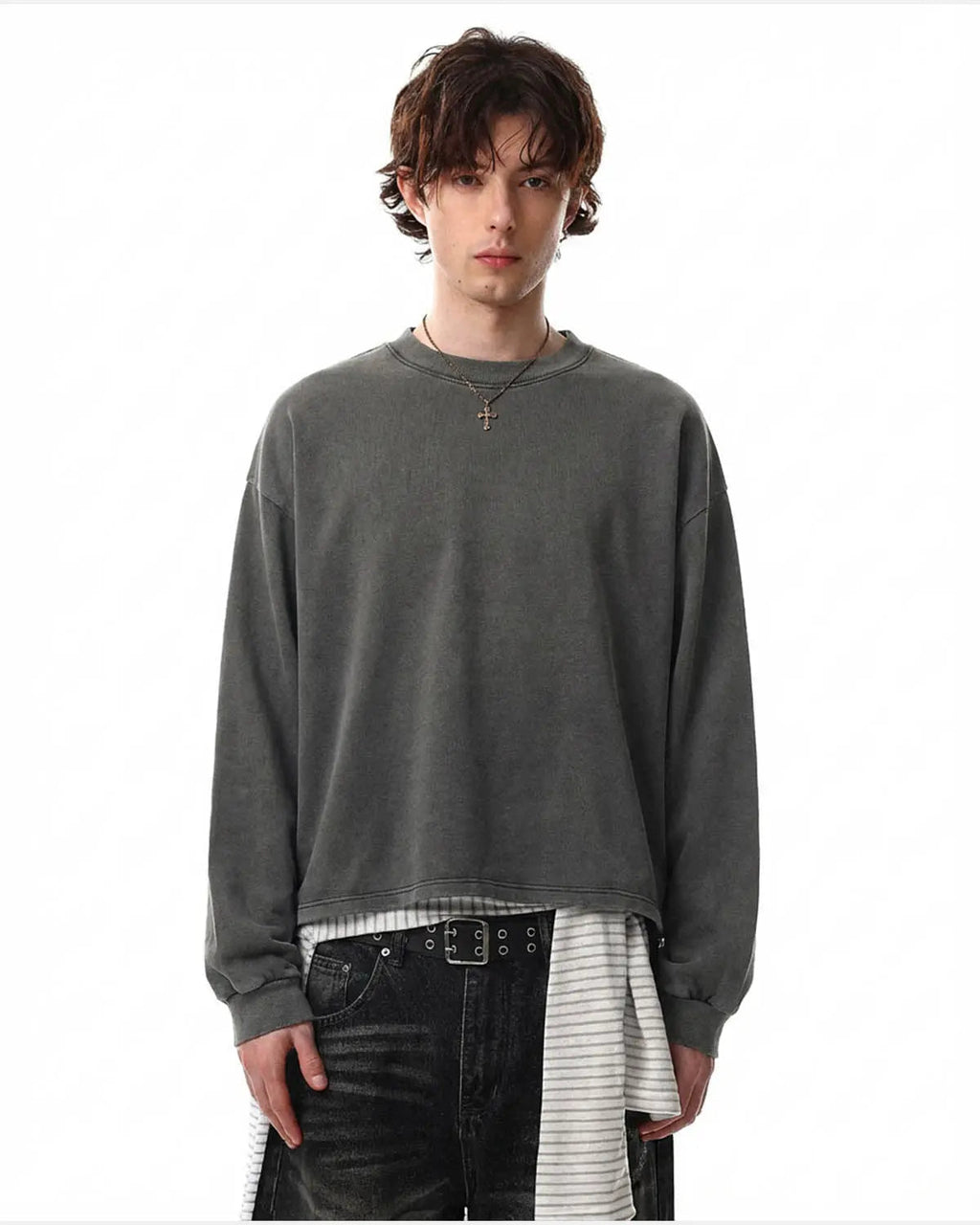 Distressed washed long sleeve tee by Flation Streetwear featuring a relaxed fit and vintage-inspired design.