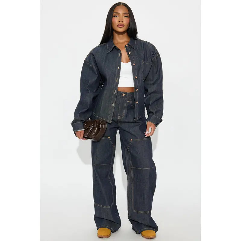 Women's Premium Selvedge Utility Straight Leg Denim Jeans Dark Denim