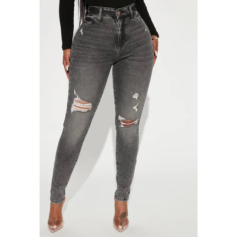 Women's High Rise Stretch Ripped Skinny Denim Jeans Black Wash