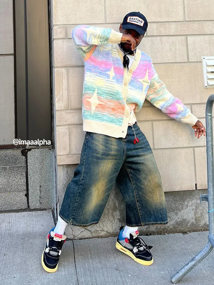 Baggy jumbo jorts from Flation Streetwear featuring oversized denim cutoffs with distressed details and a relaxed fit.