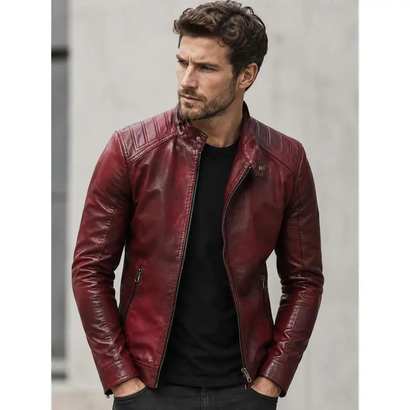 Men's Fitted Vintage Faux Leather Motorcycle Biker Bomber Jacket