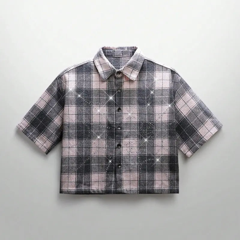 Unisex Crystal Spider Web Plaid Short Sleeve Woven Shirt