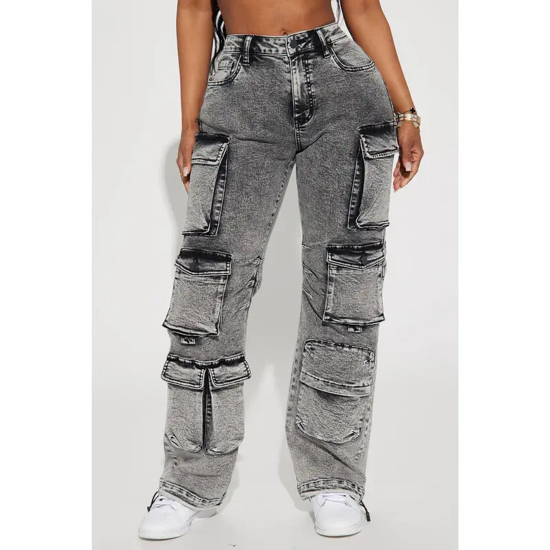 Women's Fairfax High Rise Stretch Cargo Jeans Acid Wash Grey
