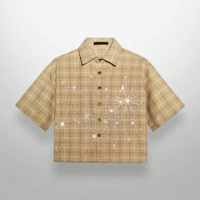 Unisex Crystal Spider Web Plaid Short Sleeve Woven Shirt
