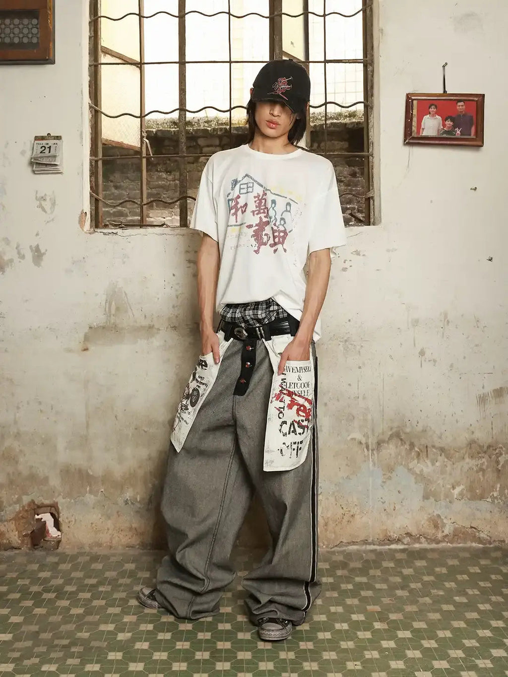 Inflation streetwear distressed reverse design baggy jeans with ripped details and relaxed fit, showcasing trendy denim style.