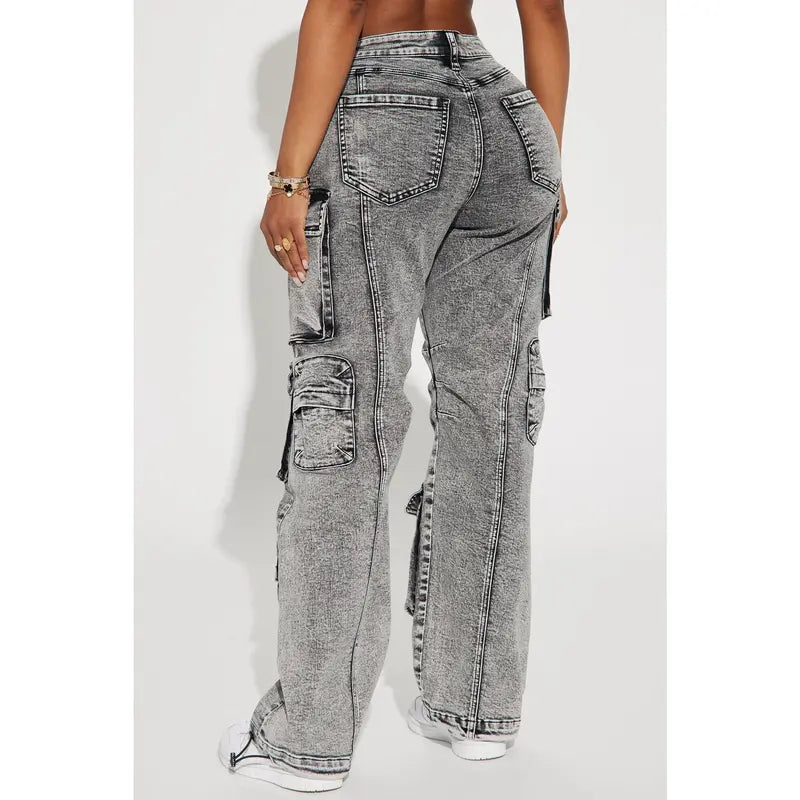 Women's Fairfax High Rise Stretch Cargo Jeans Acid Wash Grey