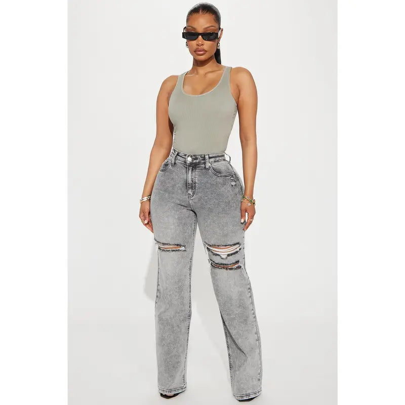 Women's Ripped Stretch Baggy Straight Leg Denim Jeans Grey