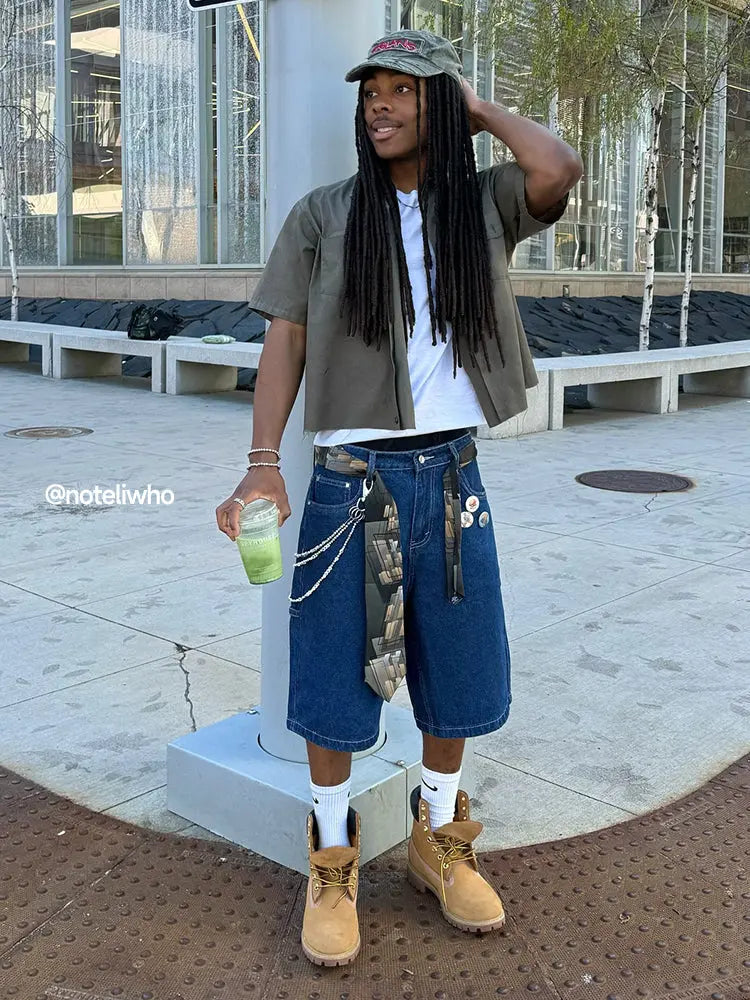 Vintage washed Flation straight jorts pants with distressed denim look, casual fit, and faded blue color.