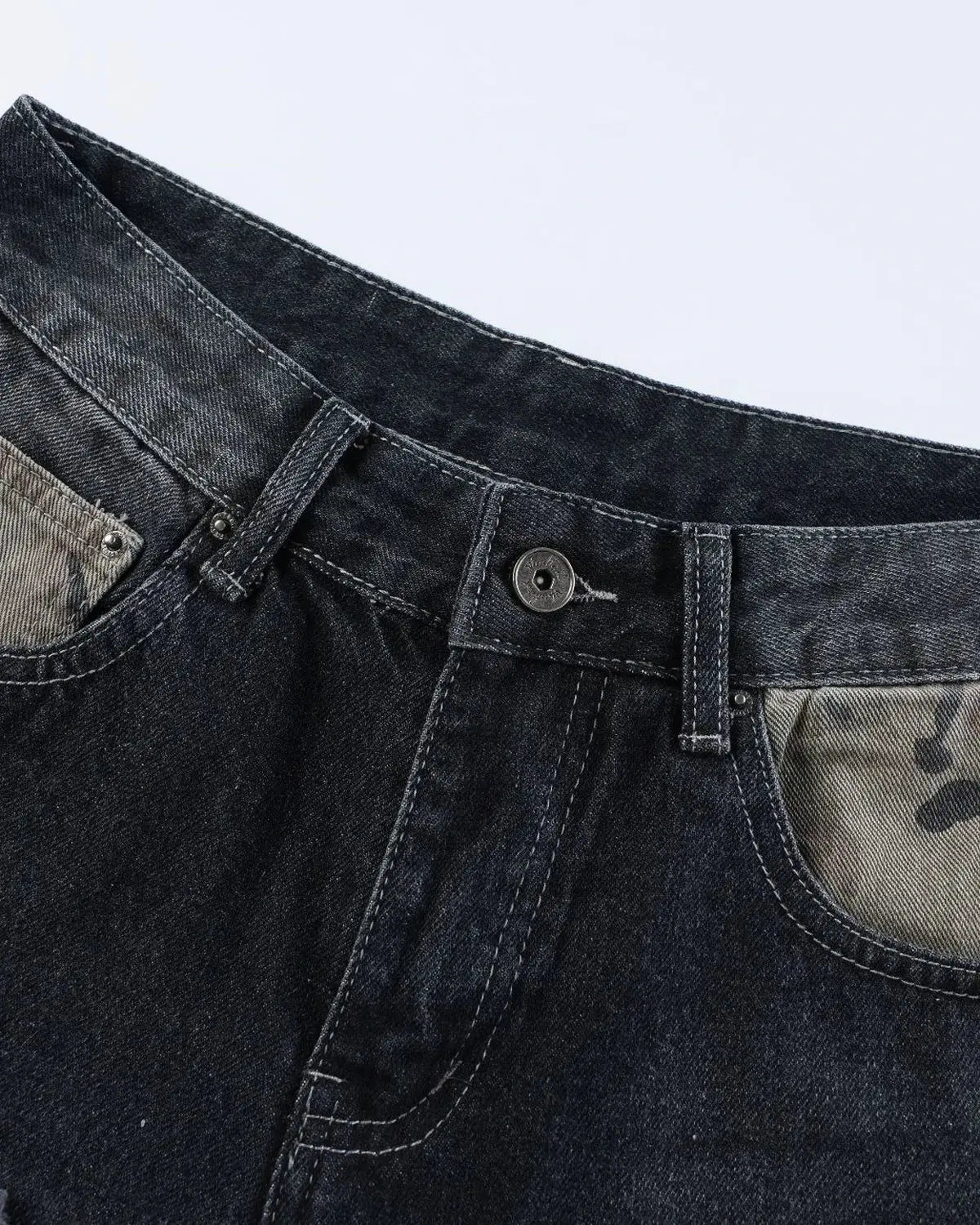 Inflation streetwear camo patchwork washed denim jorts, casual men's pants with distressed design and rugged style.
