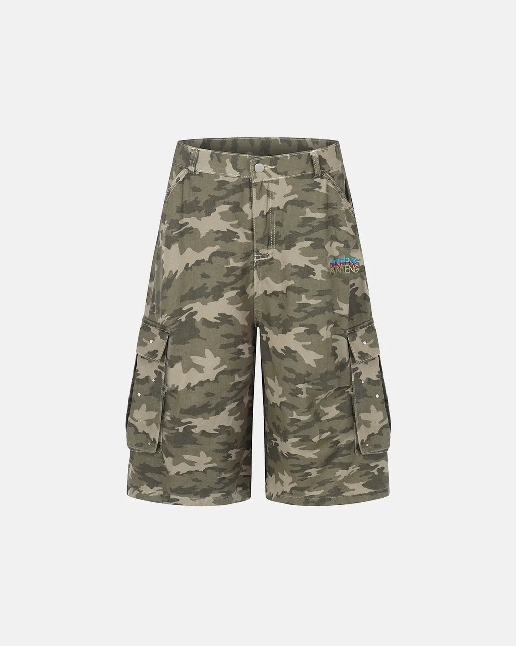 Inflation Streetwear embroidered camo cargo longline shorts with multiple pockets and a relaxed fit, perfect for casual street style.