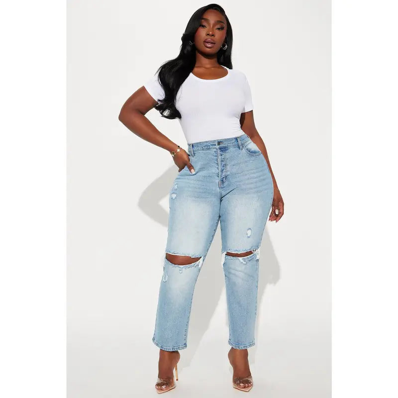 Women's High Rise Ripped Straight Leg Denim Jeans