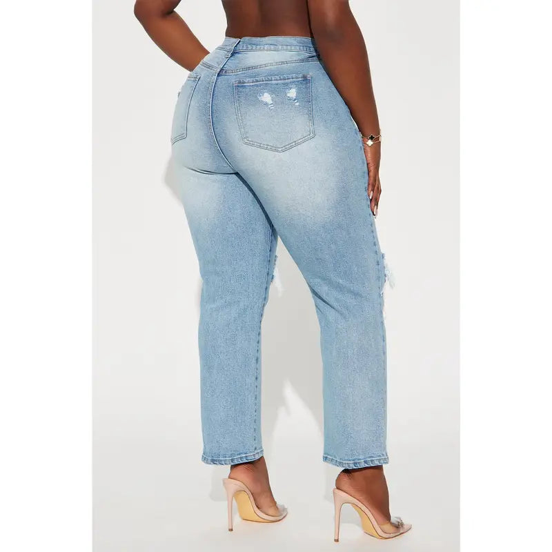 Women's High Rise Ripped Straight Leg Denim Jeans
