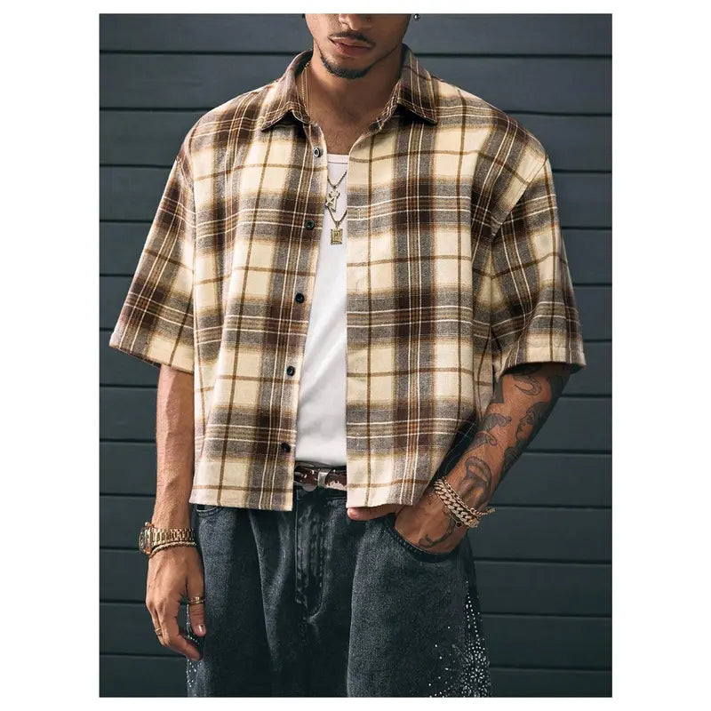 Men's Cropped Plaid Number Graphic Button Down Shirt