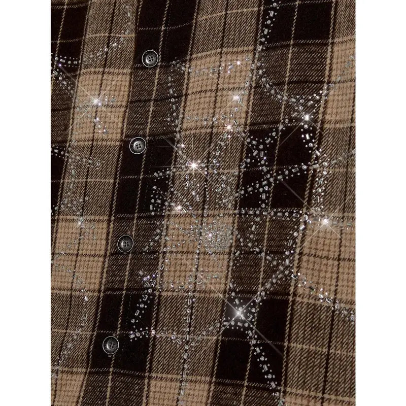 Unisex Crystal Spider Web Plaid Short Sleeve Woven Shirt