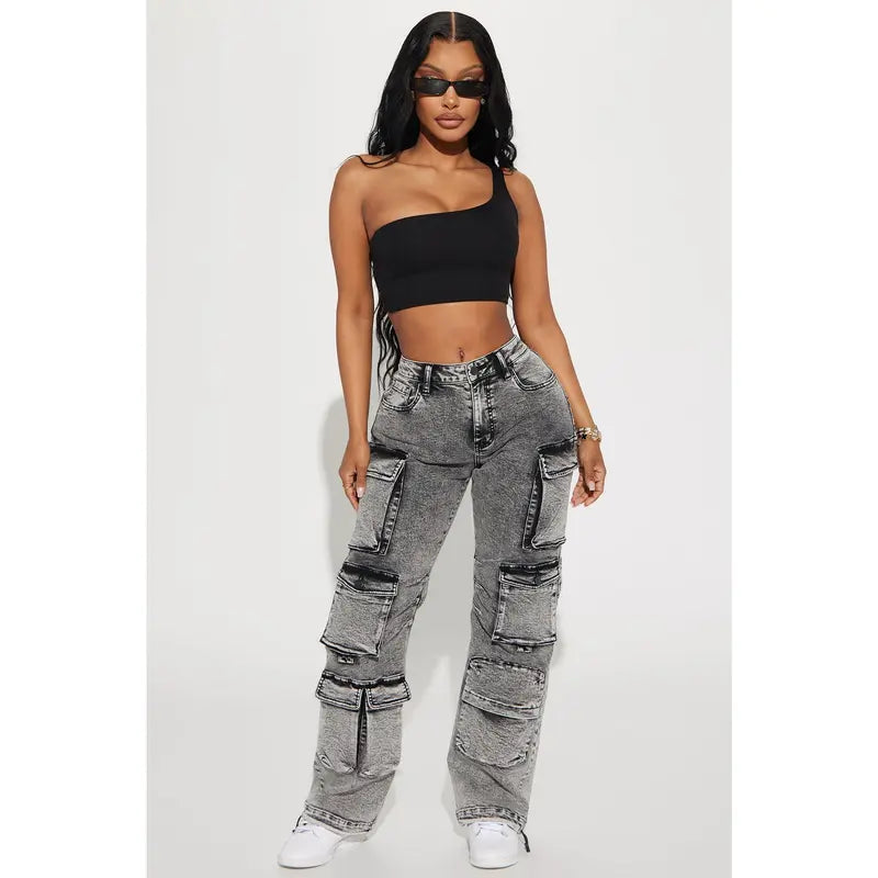 Women's Fairfax High Rise Stretch Cargo Jeans Acid Wash Grey