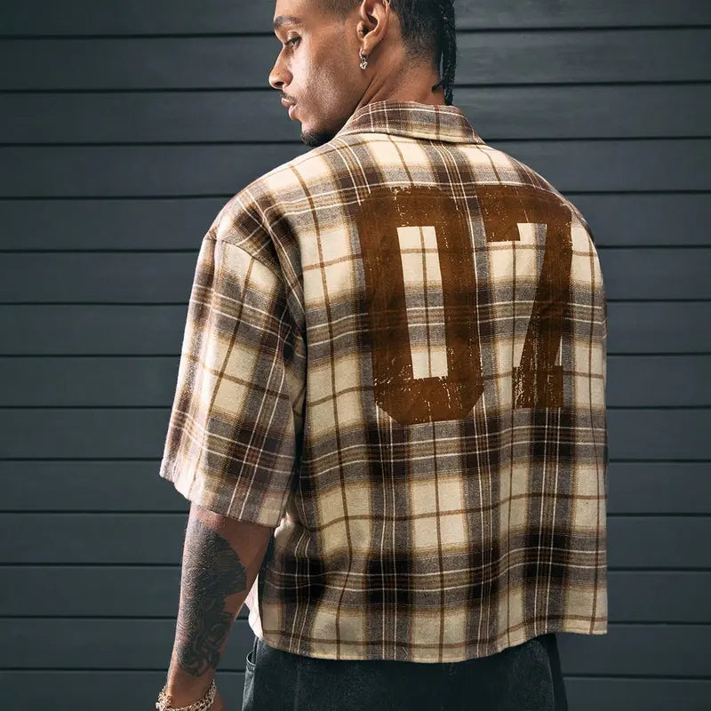 Men's Cropped Plaid Number Graphic Button Down Shirt