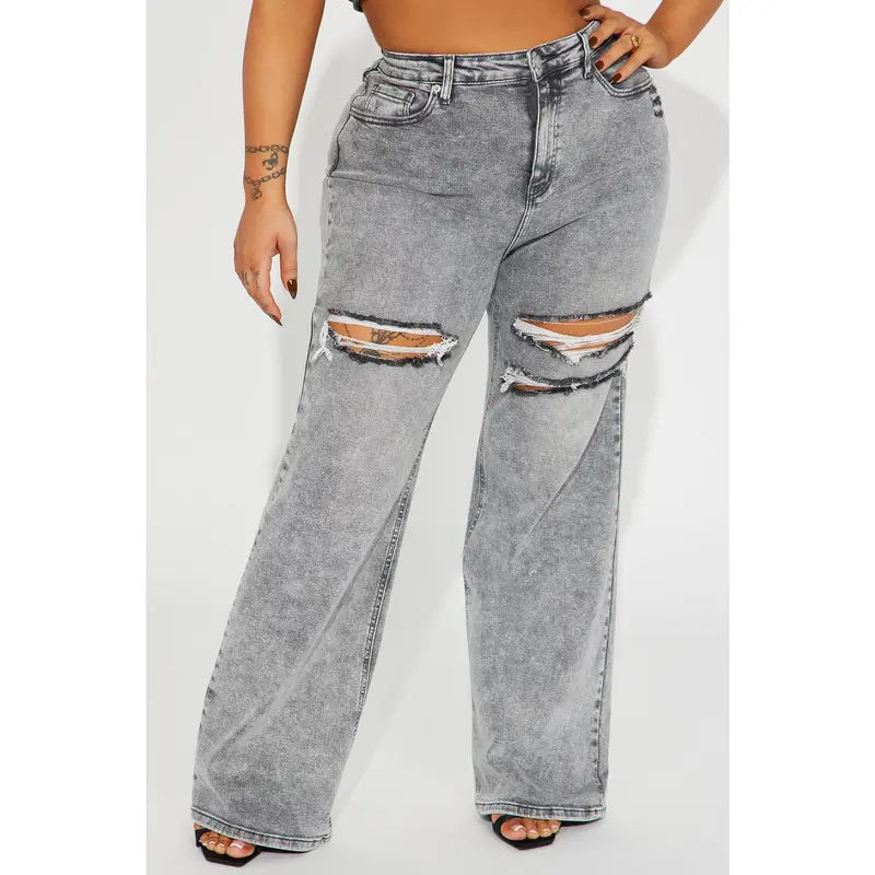 Women's Ripped Stretch Baggy Straight Leg Denim Jeans Grey