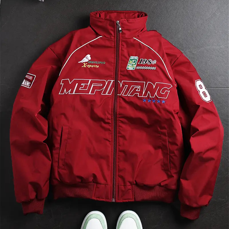 Men's Racing Style Bomber Jacket Graphic Print Fleece Stand Collar