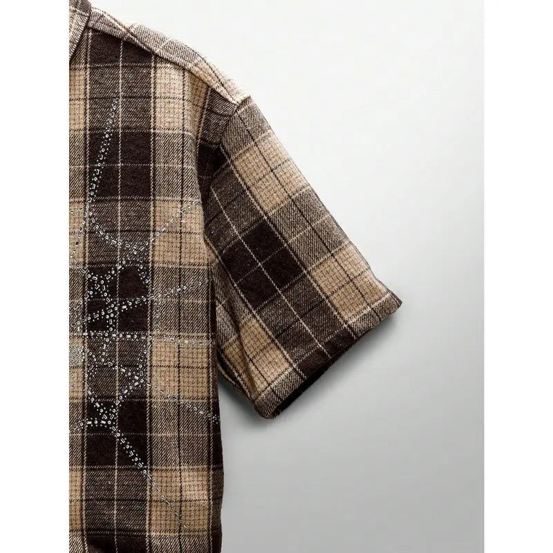 Unisex Crystal Spider Web Plaid Short Sleeve Woven Shirt