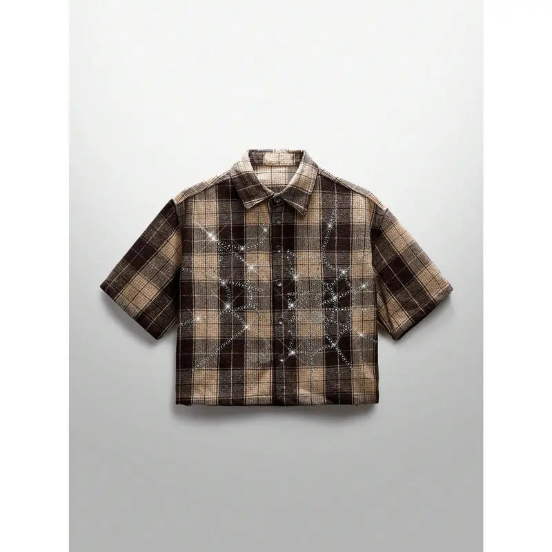 Unisex Crystal Spider Web Plaid Short Sleeve Woven Shirt