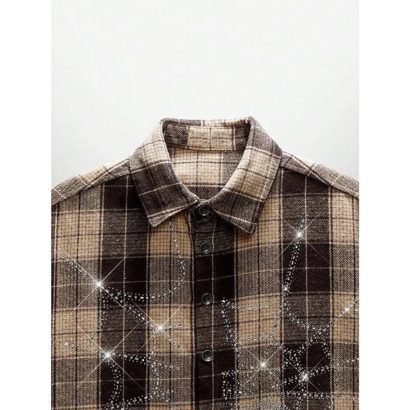Unisex Crystal Spider Web Plaid Short Sleeve Woven Shirt